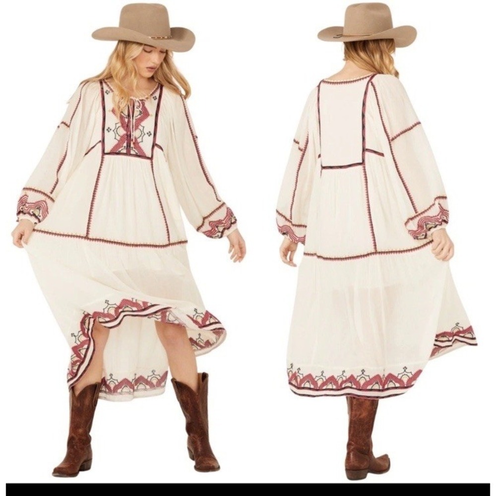 Free People Sweet Escape Midi Dress Embroidered Boho Cottage Western Hippie XS
